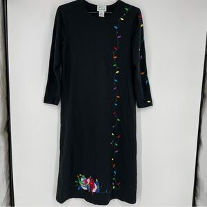 Vtg Quacker Factory Women's Black Holiday Christmas Dress Light Bulbs Size L